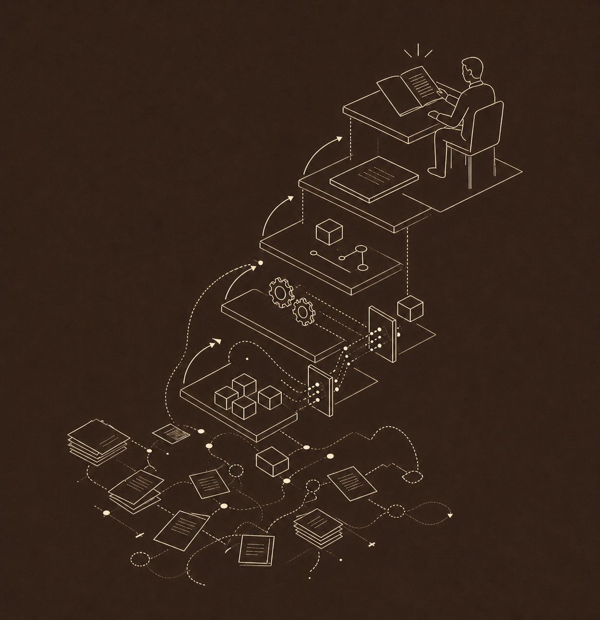 Isometric evidence workflow showing automated preparation leading to human regulatory judgment.